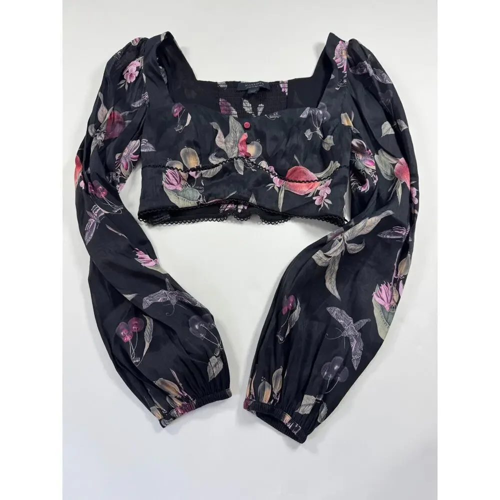 ALLSAINTS Ria Soleil Linen & Silk Crop Top In Black New Without Tags Size 8 $219 - Picture 2 of 7